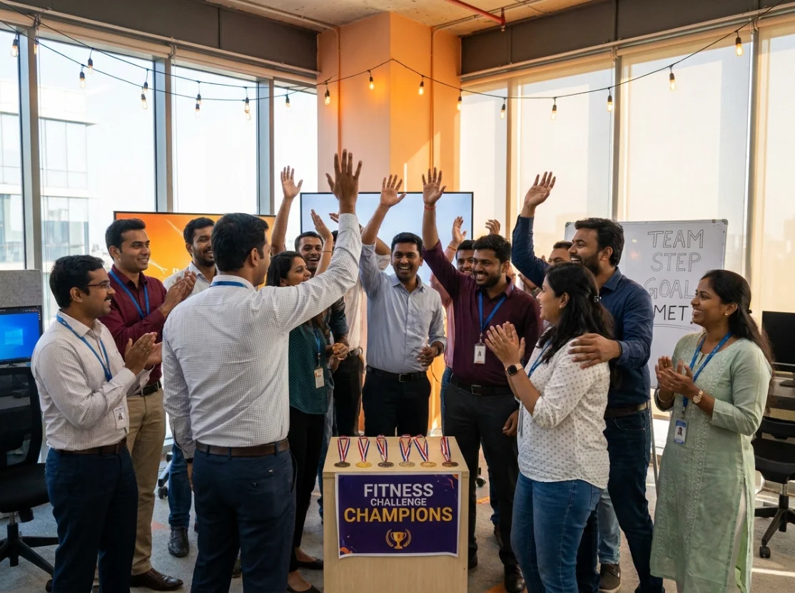 An office team celebrating a Traynex challenge win