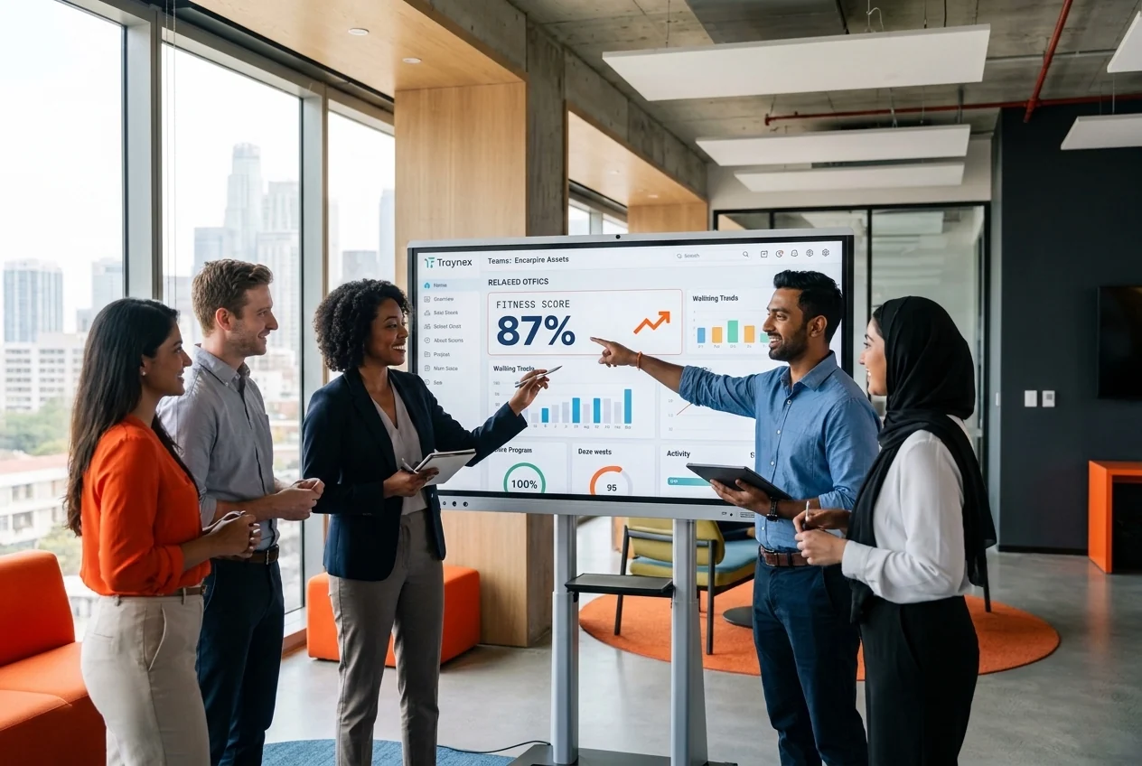 A team reviewing their Traynex fitness score dashboard in the office
