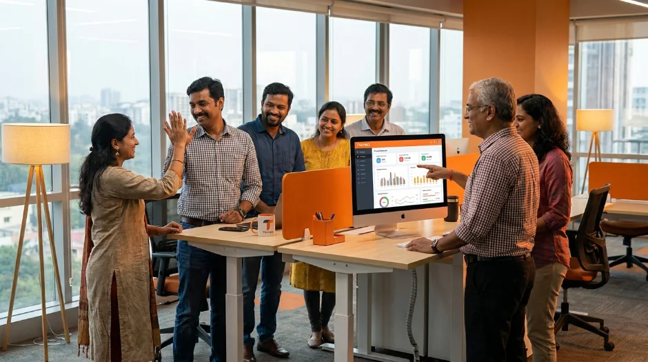 Colleagues stretching together during a wellness break in an Indian office